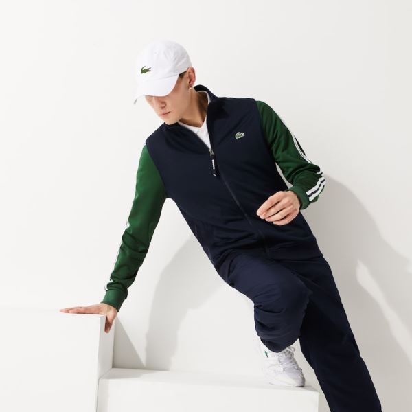 Lacoste SPORT Two-Tone Technical Piqué Zip Sweatshirt Pánské - Mikiny Tmavě Blankyt Blankyt / Zelene